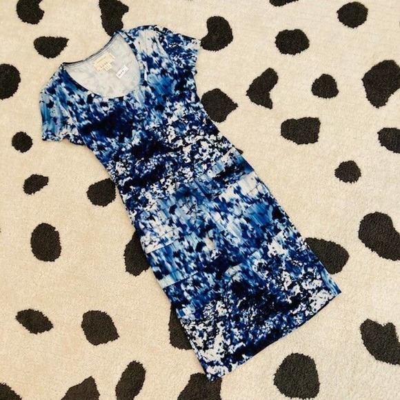 Nicole Miller $300 Women's Small Blue Purple Print Tiered Tidal Pleat Dress - Picture 3 of 13